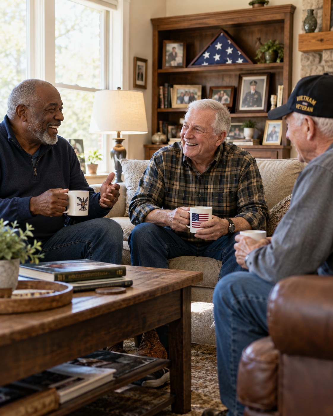 Veterans gathered together enjoying fellowship in a furnished living room