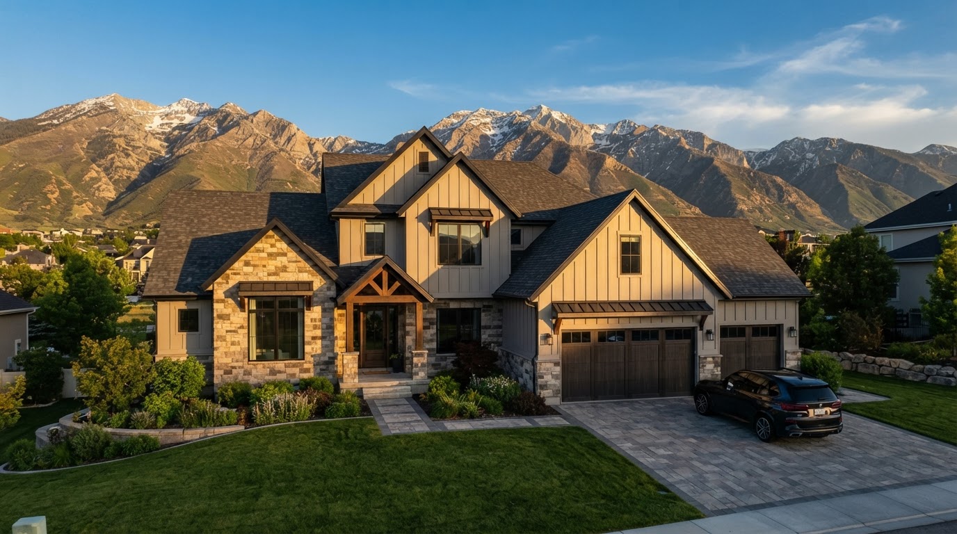 Newly installed architectural shingle roof on a Utah home with Wasatch mountains