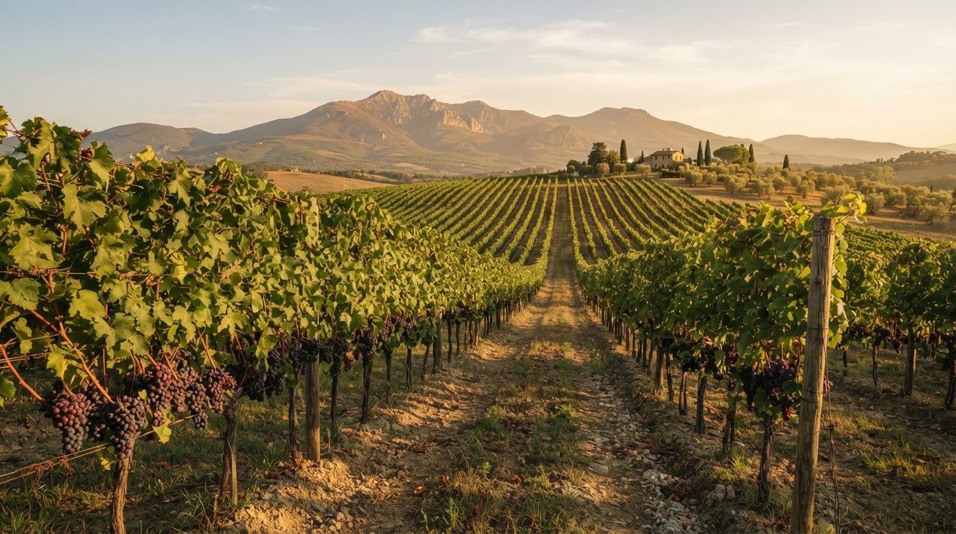 Rows of grapevines stretching toward distant mountains at golden hour