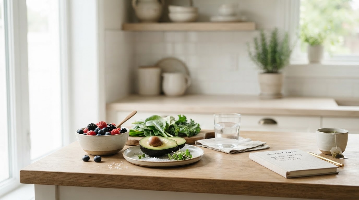 Fresh whole foods, leafy greens, and a glass of water on a bright kitchen counter