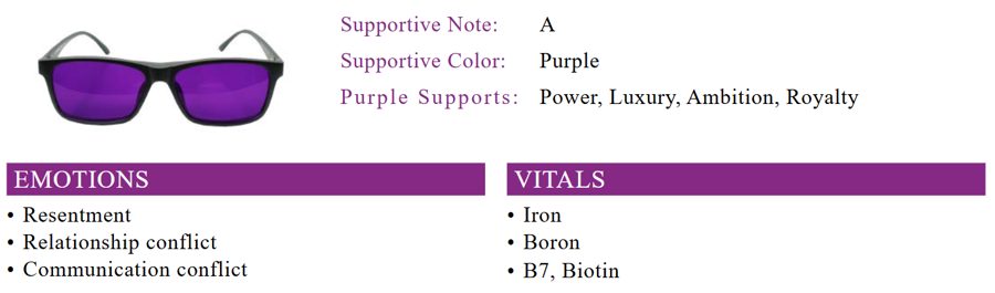 Section of a real Inner Voice report showing supportive note A, supportive color purple with purple lens glasses, and emotions such as resentment and relationship conflict