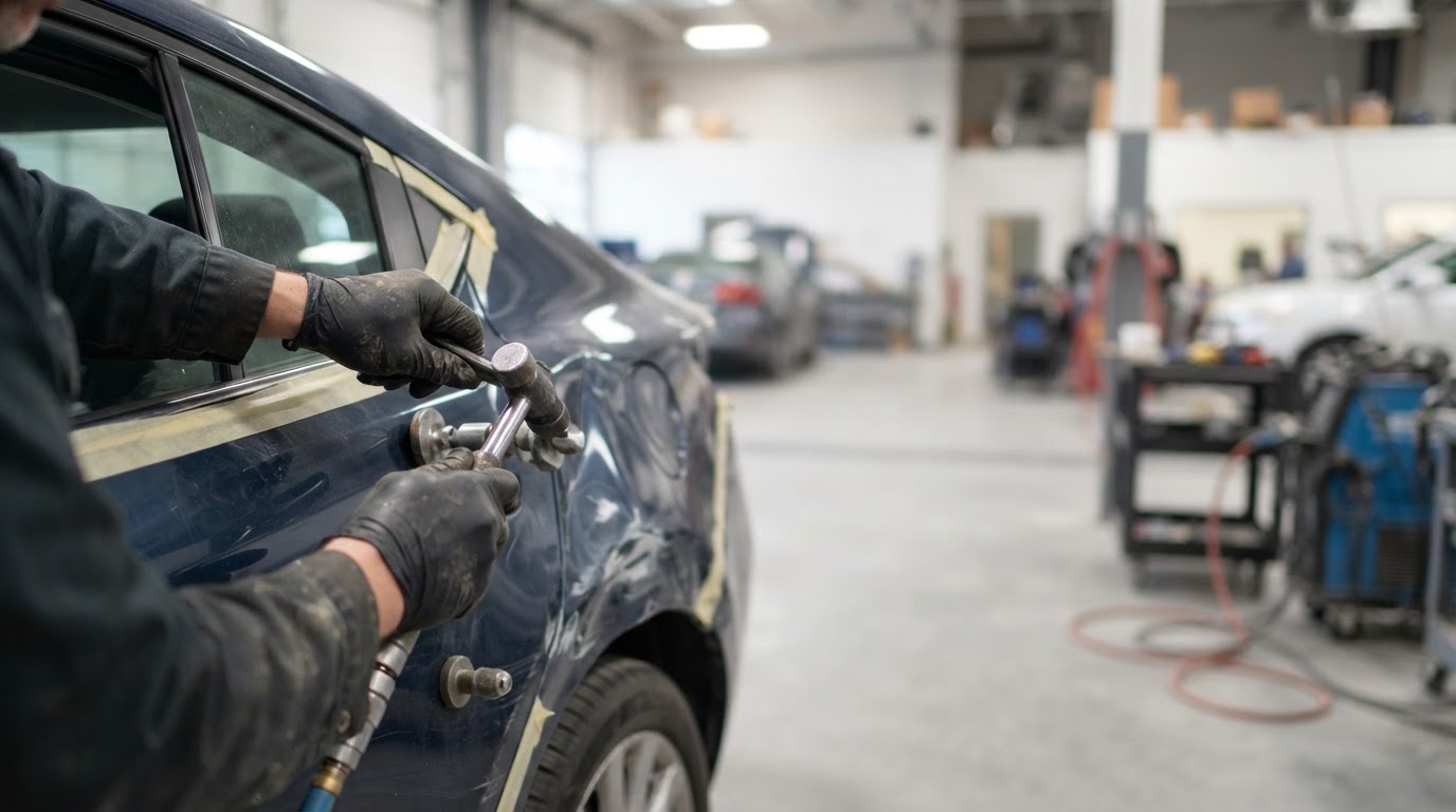 Collision repair work being performed on a vehicle at Elite Auto Collision Center, El Paso, TX