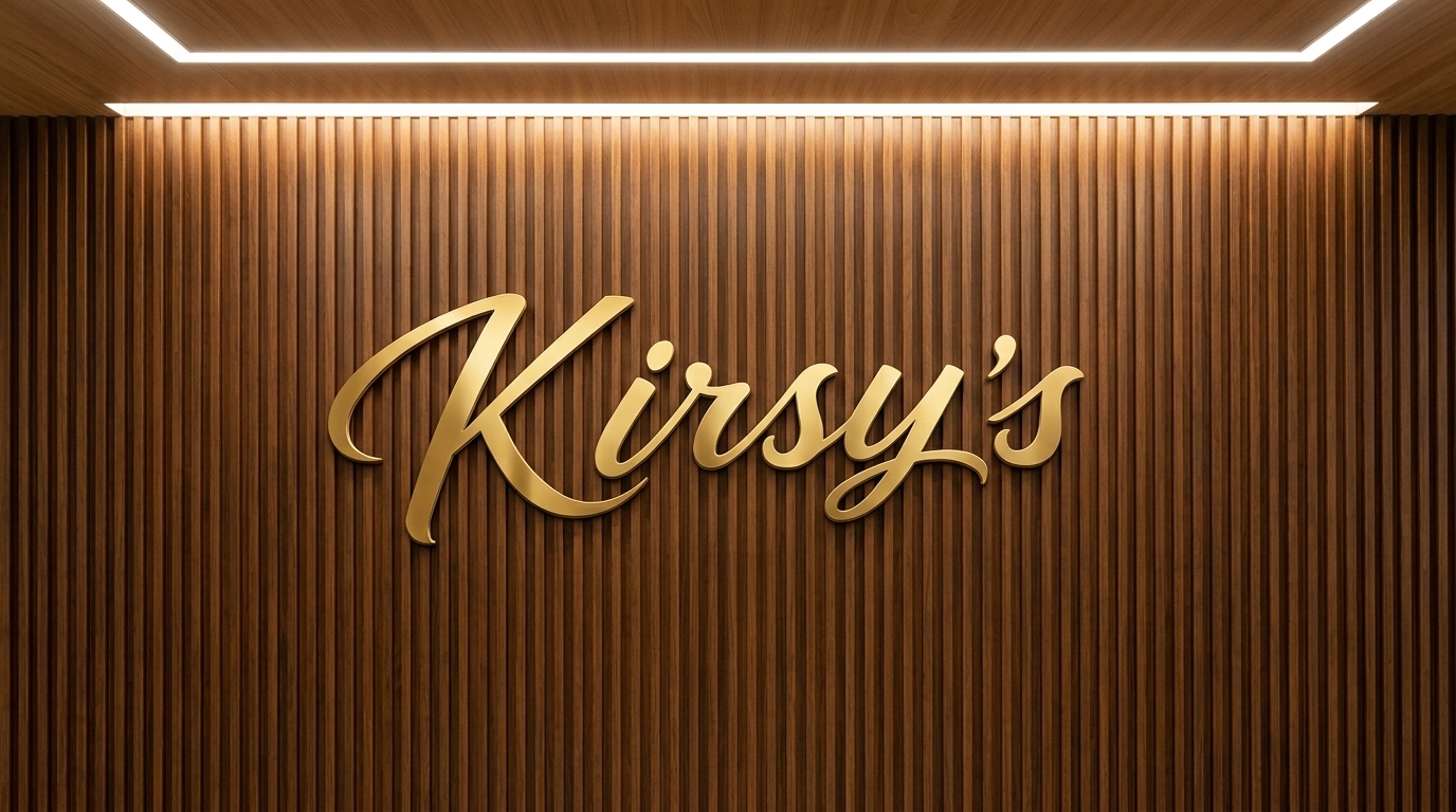 Kirsy's golden sign on vertical wood slats