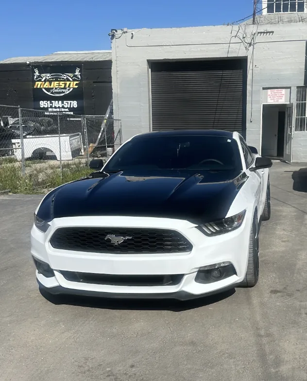 Ford Mustang front-end collision fully restored and aligned at Focus On Cars Riverside
