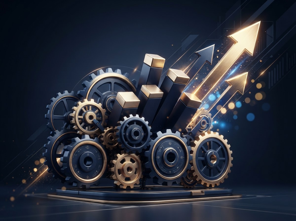 Interlocking gears representing business strategy and growth