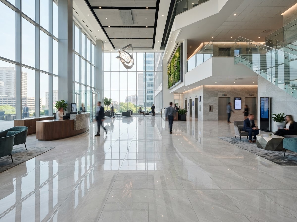 Commercial tile floor installation in a modern building