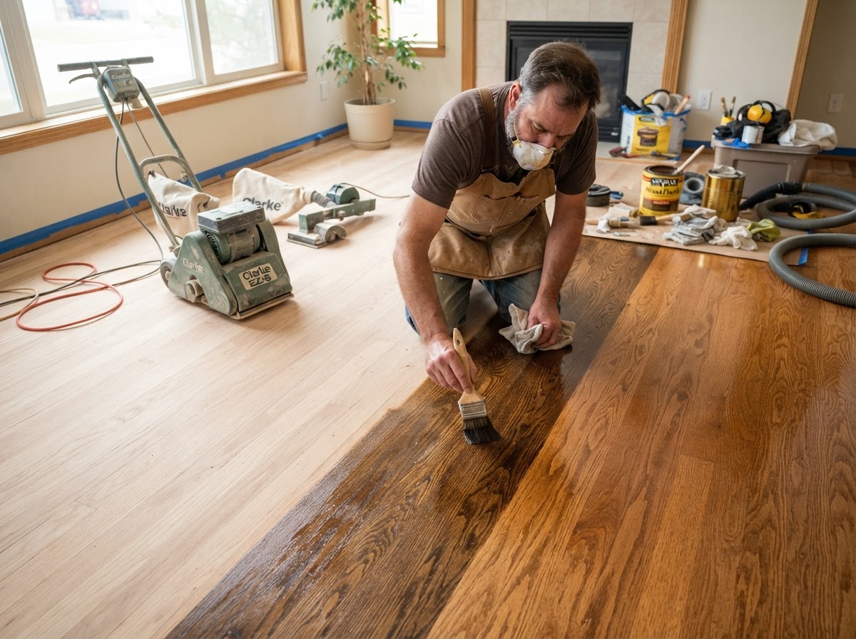 Hardwood floor sanding and refinishing process