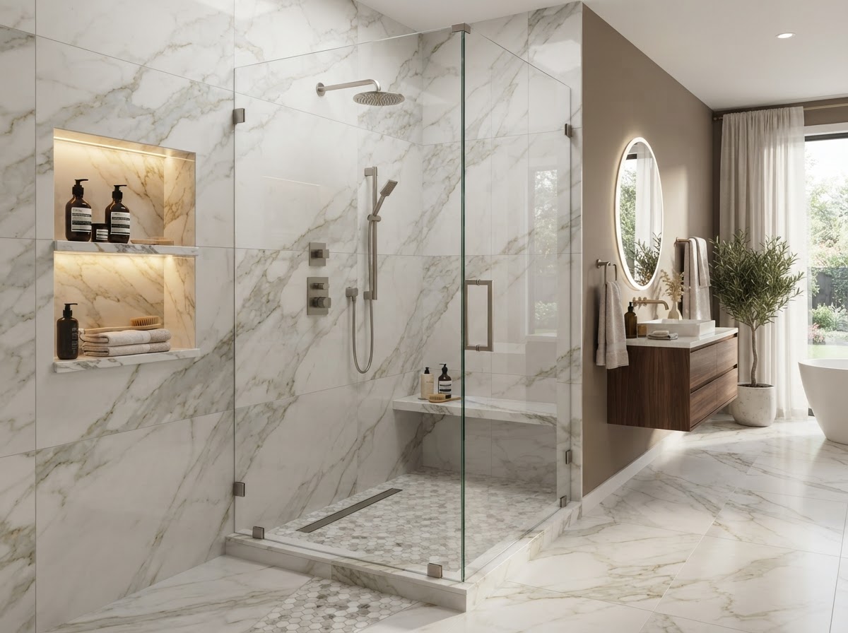 Custom walk-in tile shower with porcelain tile and glass door