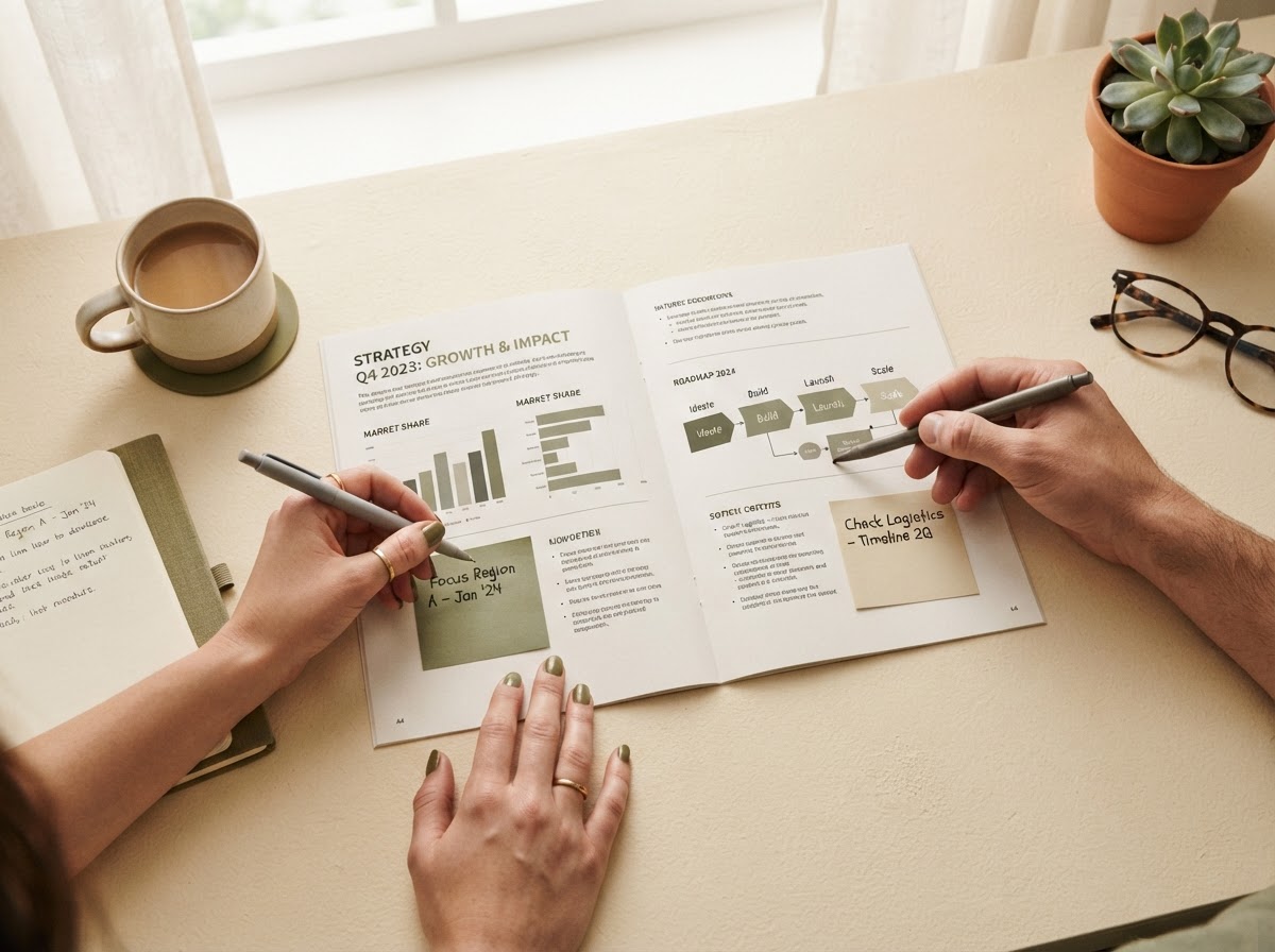 Hands working over a printed strategy document with charts and diagrams on a warm ivory desk.