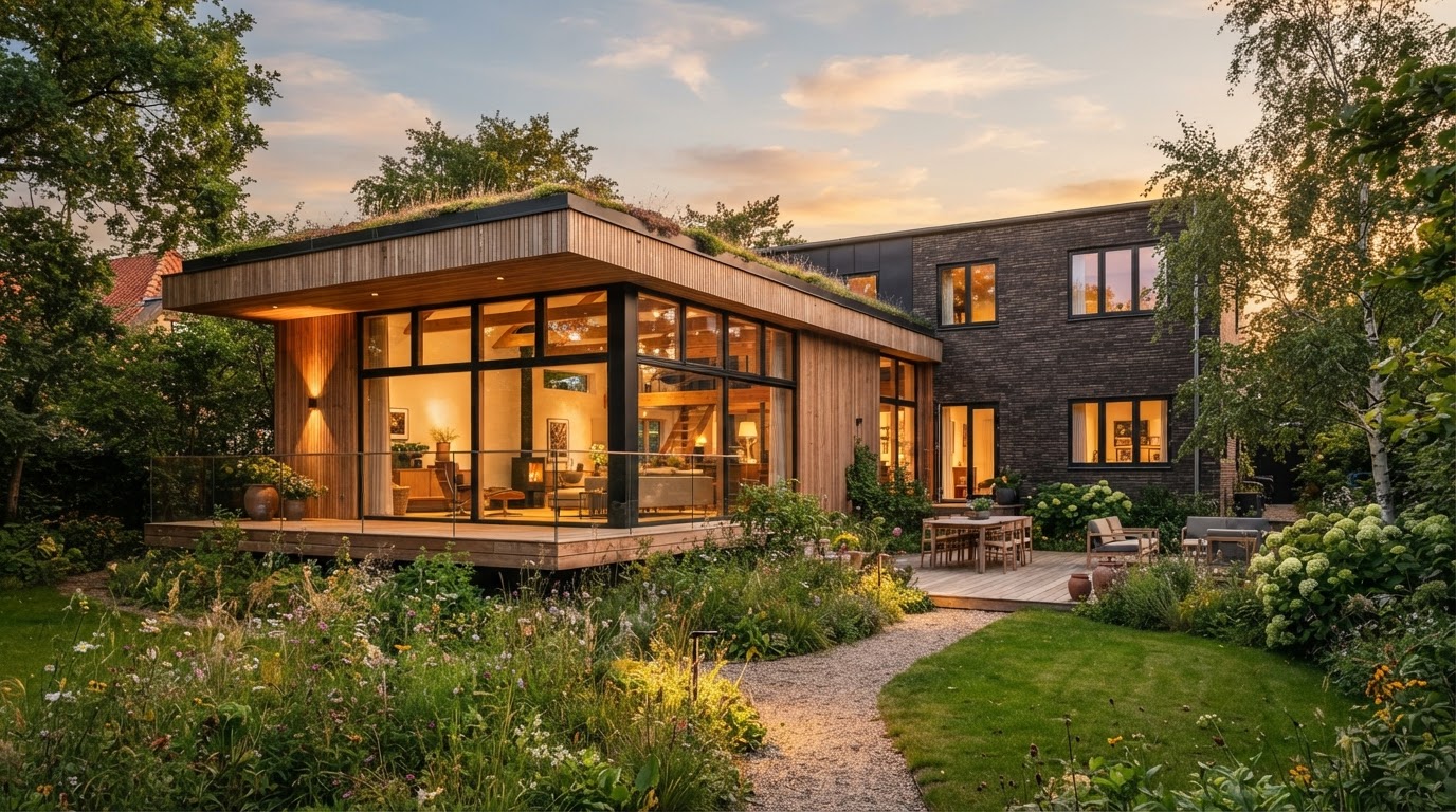 Moderne dansk bolig med tilbygning i træ og glas ved golden hour