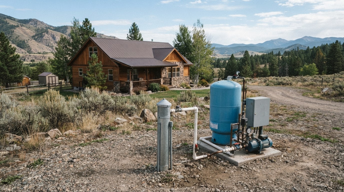 Private water well pump and pressure tank system at a rural Idaho Falls home