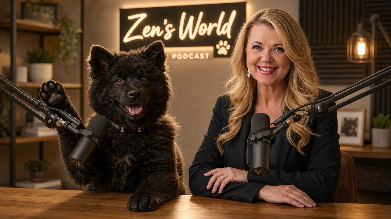 Zen’s World podcast studio visual concept featuring Zen and Paula