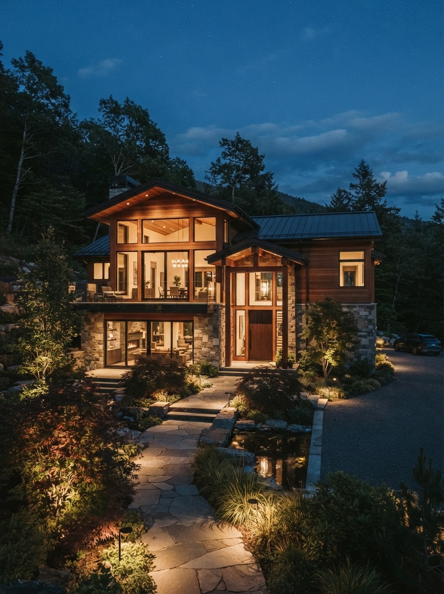 Elegant modern Minnesota home with warm wood siding and stone details at dusk