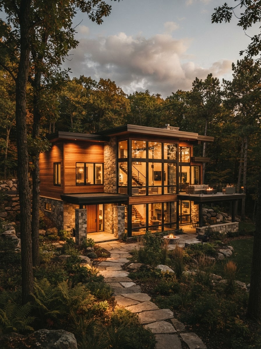 Crafted modern Minnesota home with warm cedar siding and stone details at golden hour