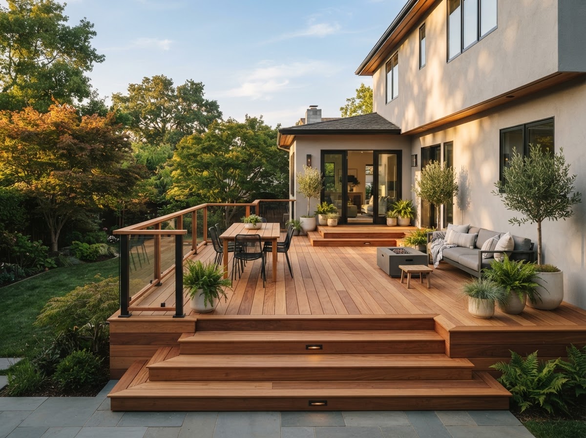 Restored modern cedar deck after renovation