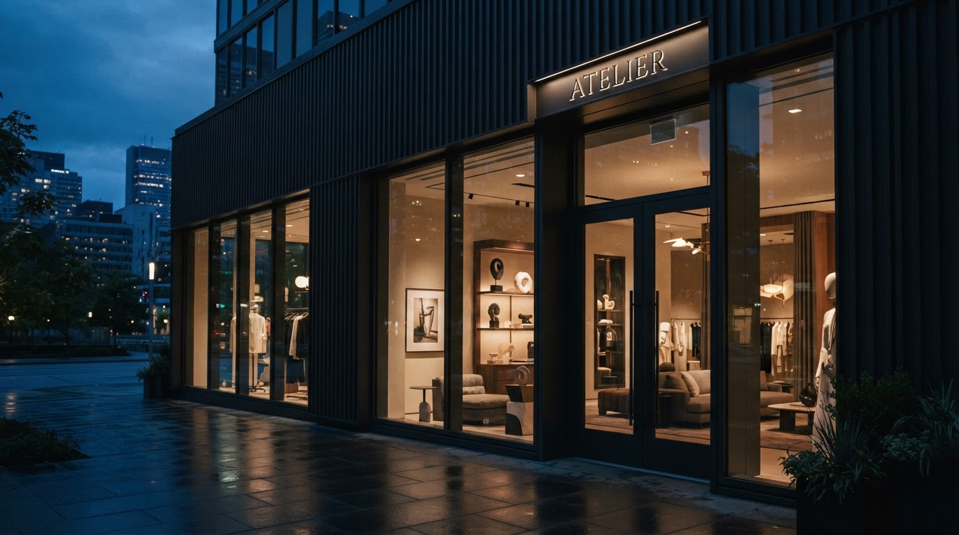 Modern commercial building storefront at dusk with warm interior glow