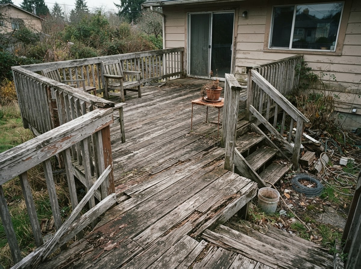 Worn weathered wooden deck before renovation