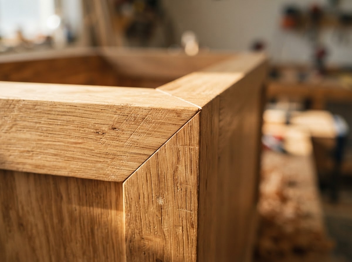 Hand-finished custom cabinet wood joinery and trim macro detail