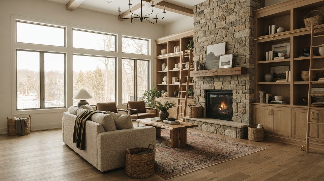 Sunlit luxury Minnesota living room with custom built-in cabinetry and warm wood trim