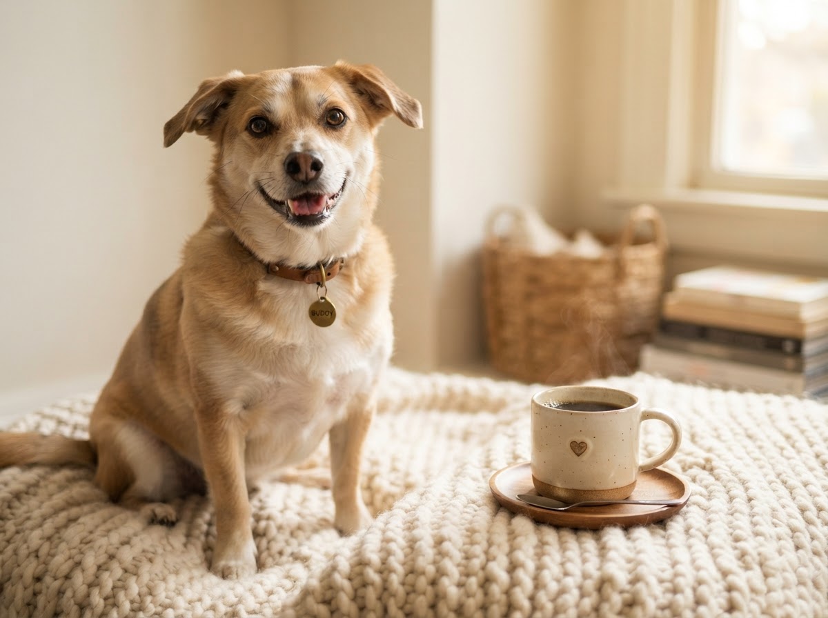 Willow, a happy rescue dog, sitting beside a mug of coffee