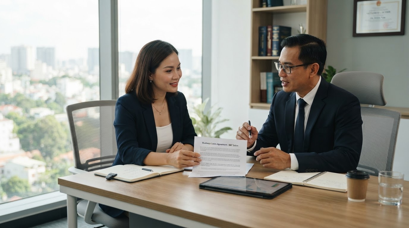 Chủ tiệm trao đổi với luật sư trong văn phòng hiện đại