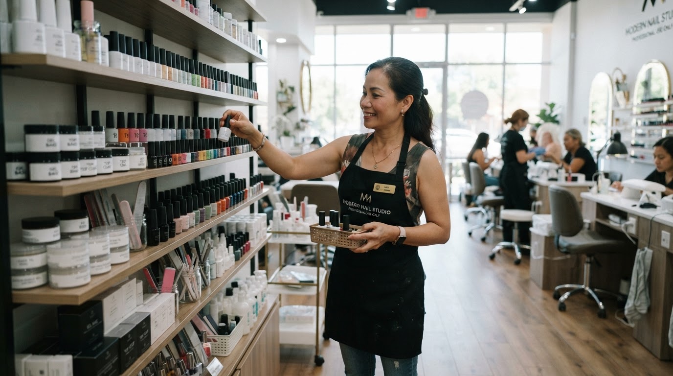 Chủ tiệm lựa chọn sơn móng, dụng cụ và vật tư salon