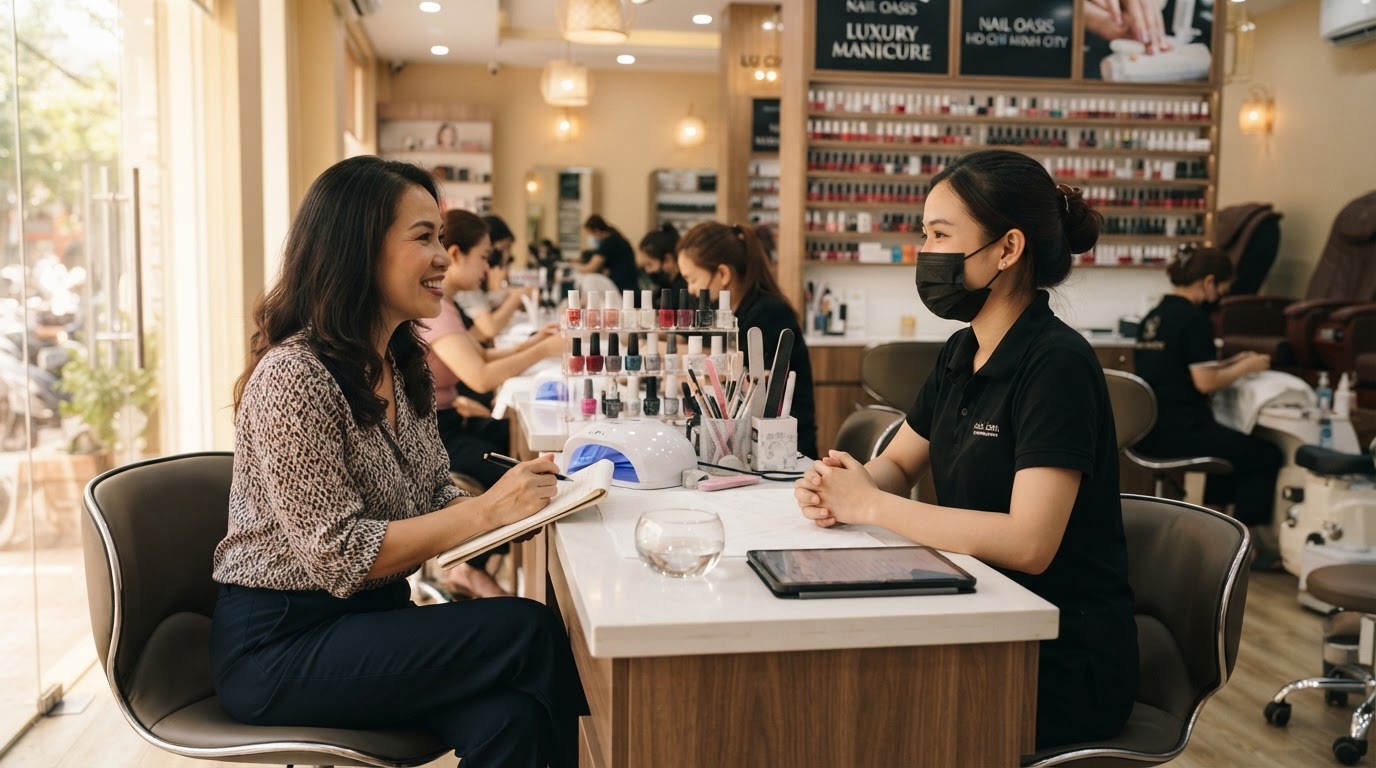 Chủ tiệm phỏng vấn thợ nail trong salon chuyên nghiệp