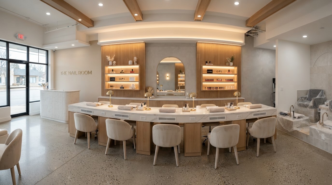 Remodel nội thất tiệm nail với quầy manicure mặt đá