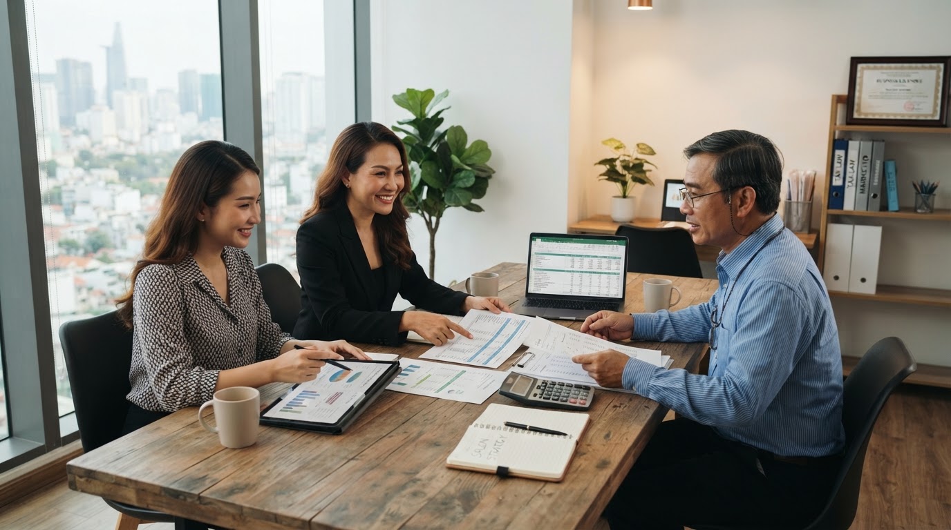Chủ tiệm làm việc với kế toán và chuyên gia marketing