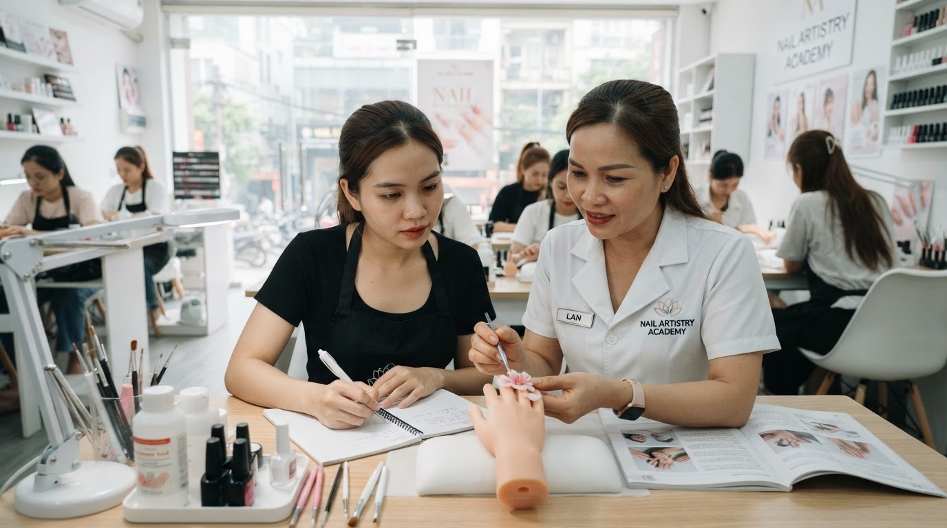 Thợ nail tham gia lớp học kỹ thuật mới với người hướng dẫn