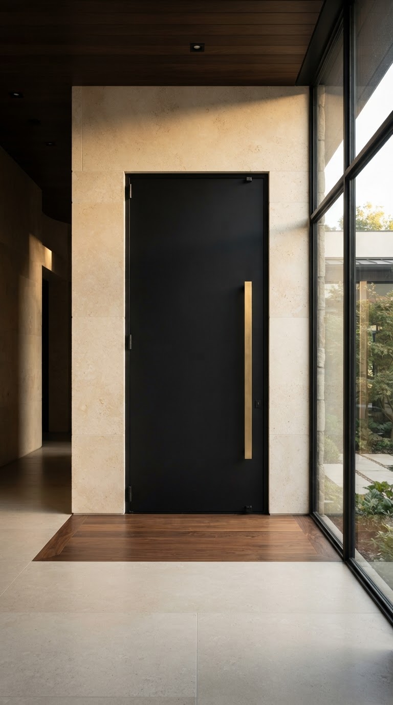 Luxury walnut and black pivot entry door with brushed brass hardware