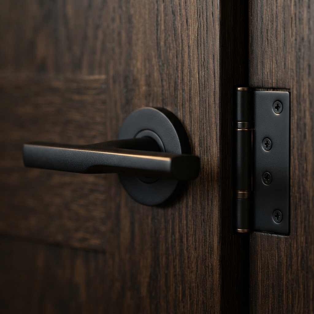 Macro of matte black modern door lever and hinge on dark oak