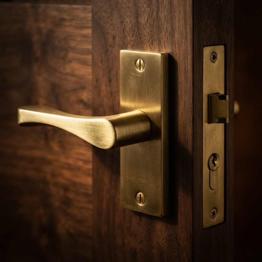 Macro of brushed brass door lever handle and mortise lock on walnut