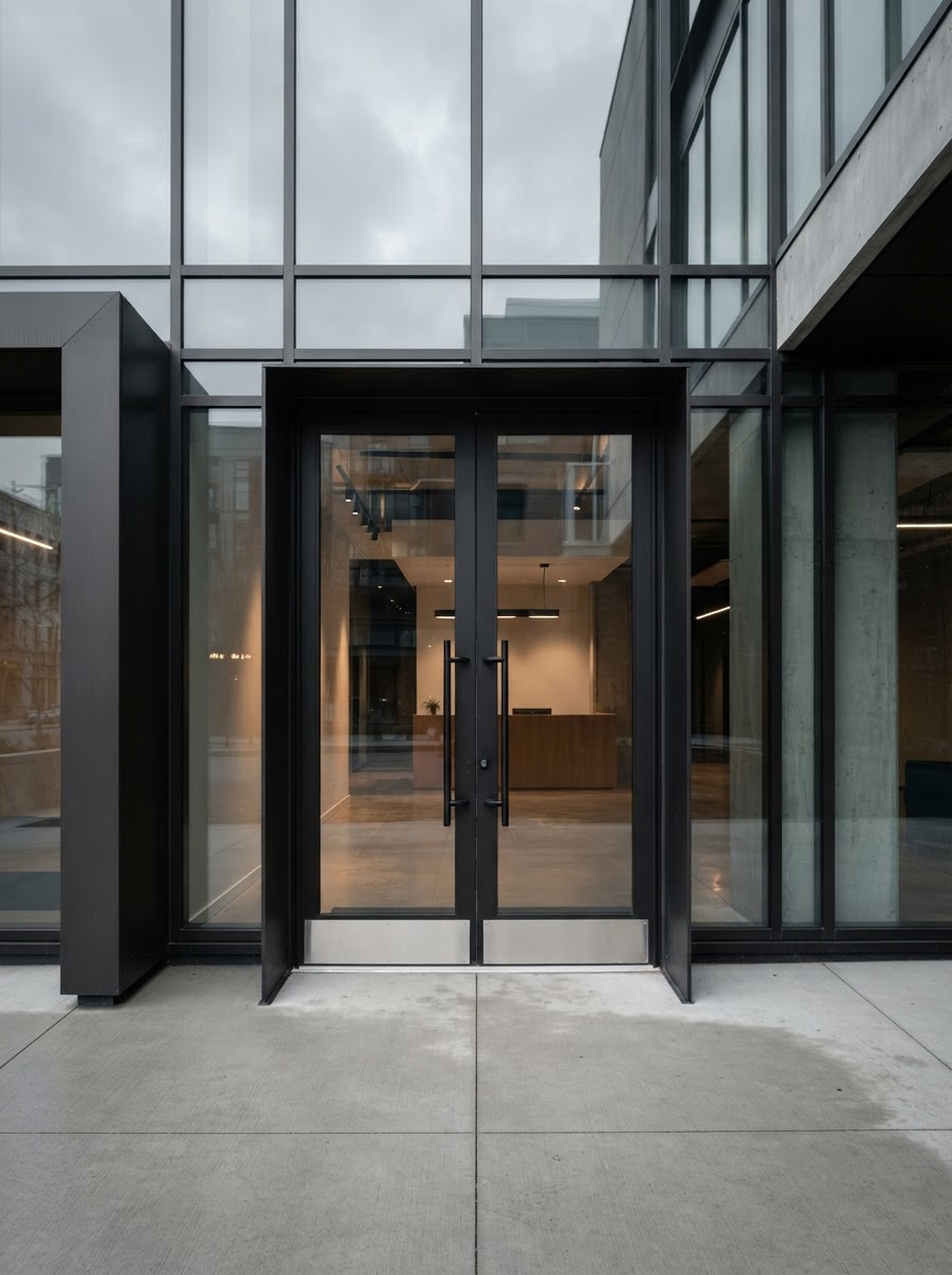 Modern commercial building entrance with dark steel and glass doors