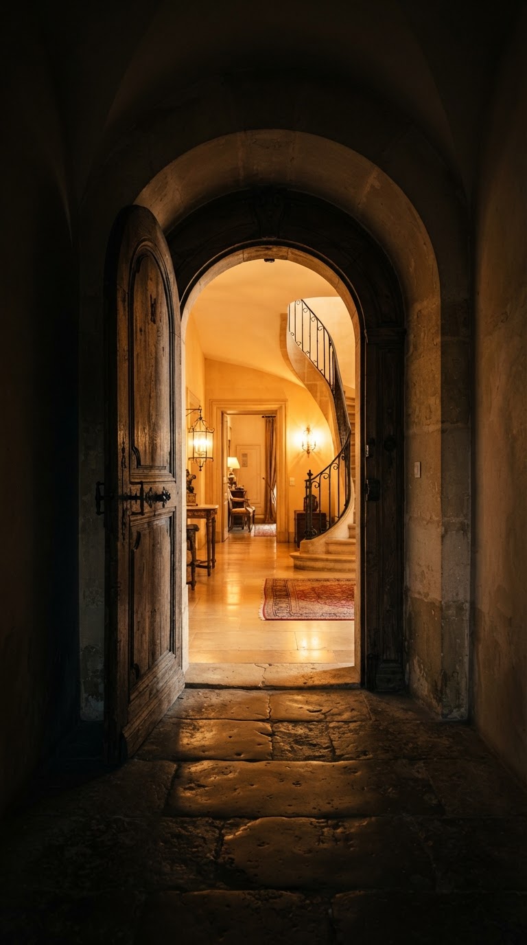 An open doorway with warm light glowing beyond the threshold