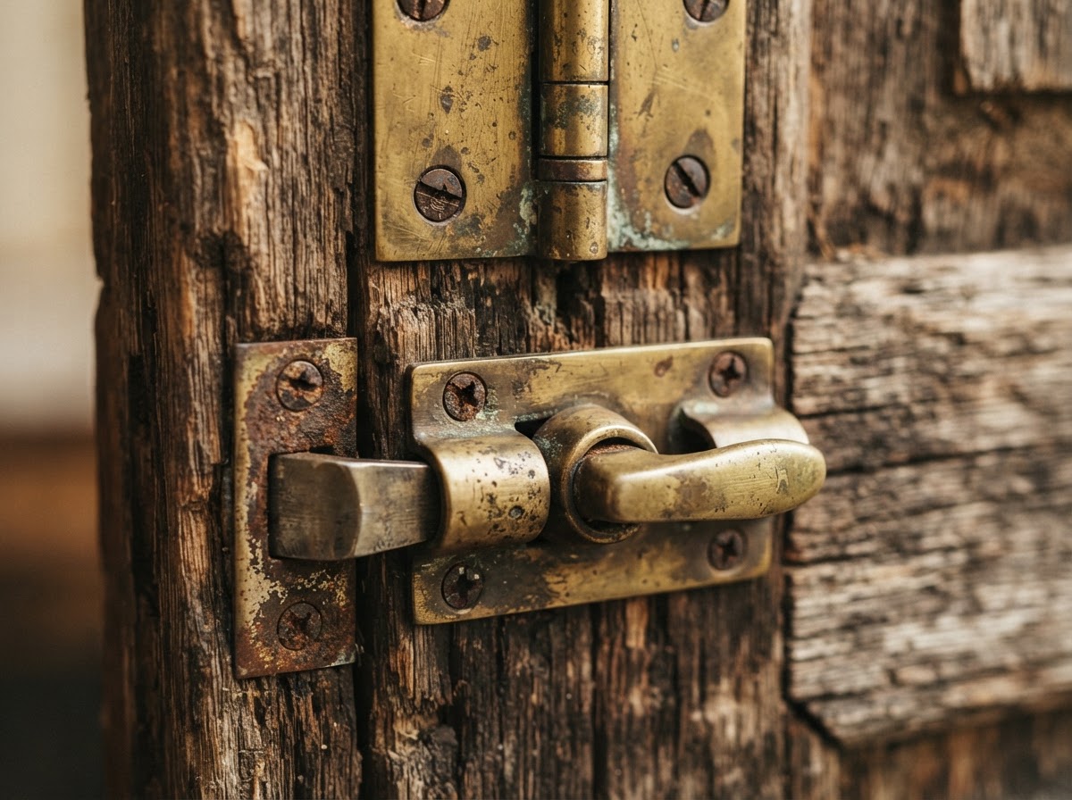 Macro detail of a worn, misaligned door hinge and latch