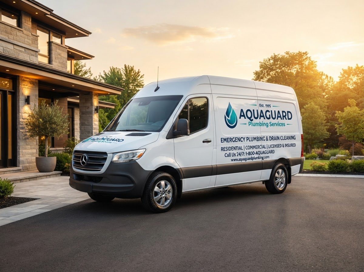 Plumber's van with crisp branding and warm lighting, after