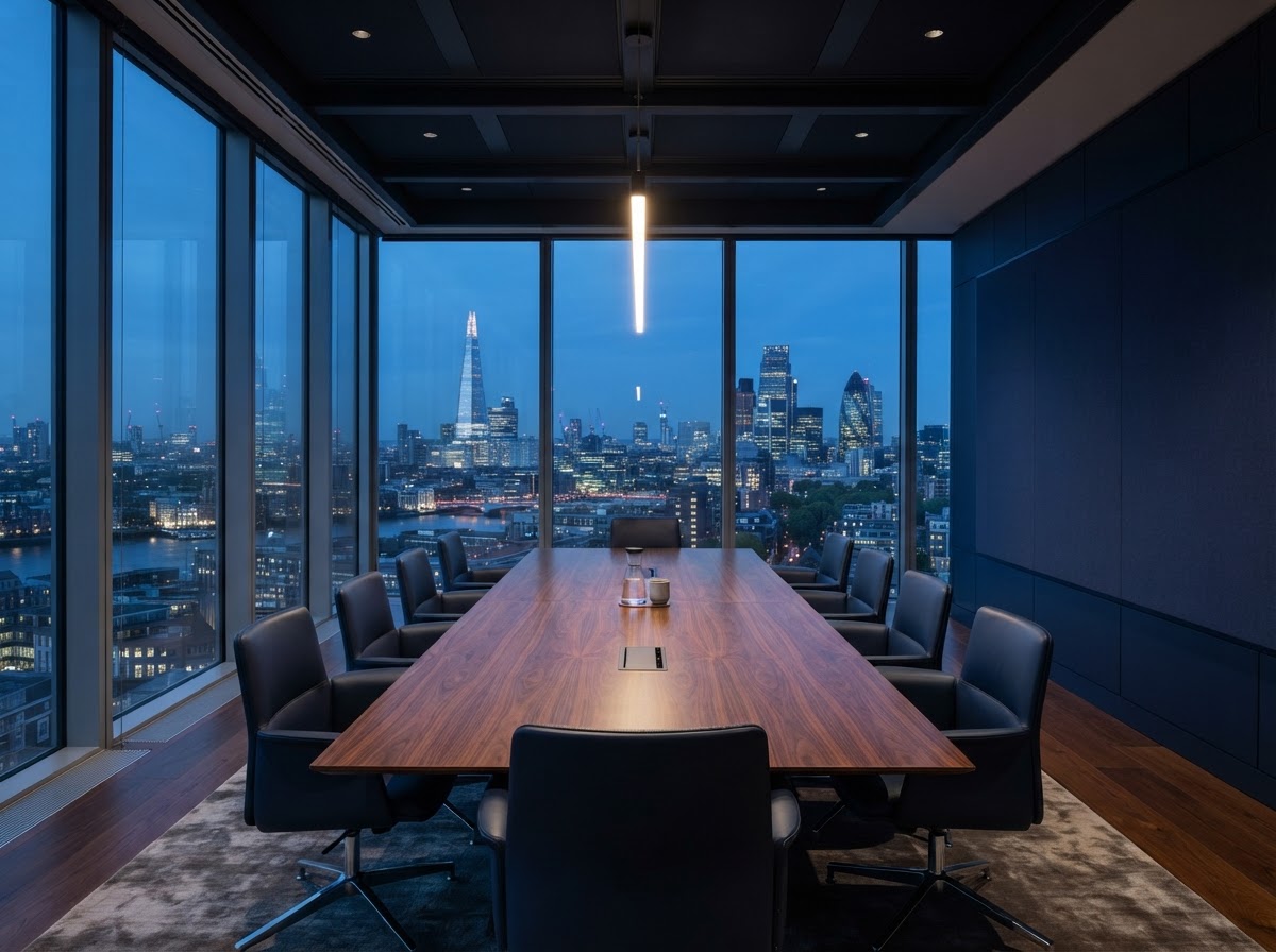 Executive boardroom overlooking a city skyline at dusk