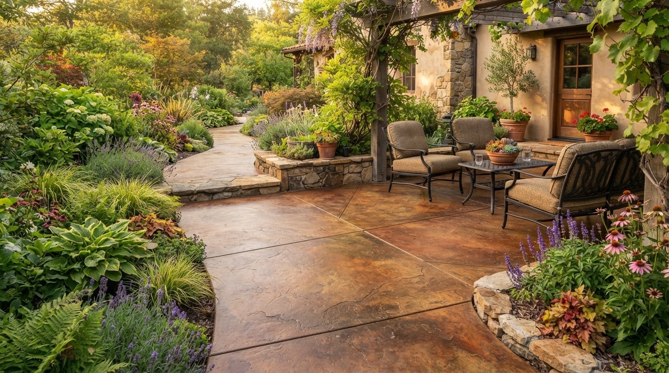 stained concrete patio or walkway with earthy tones