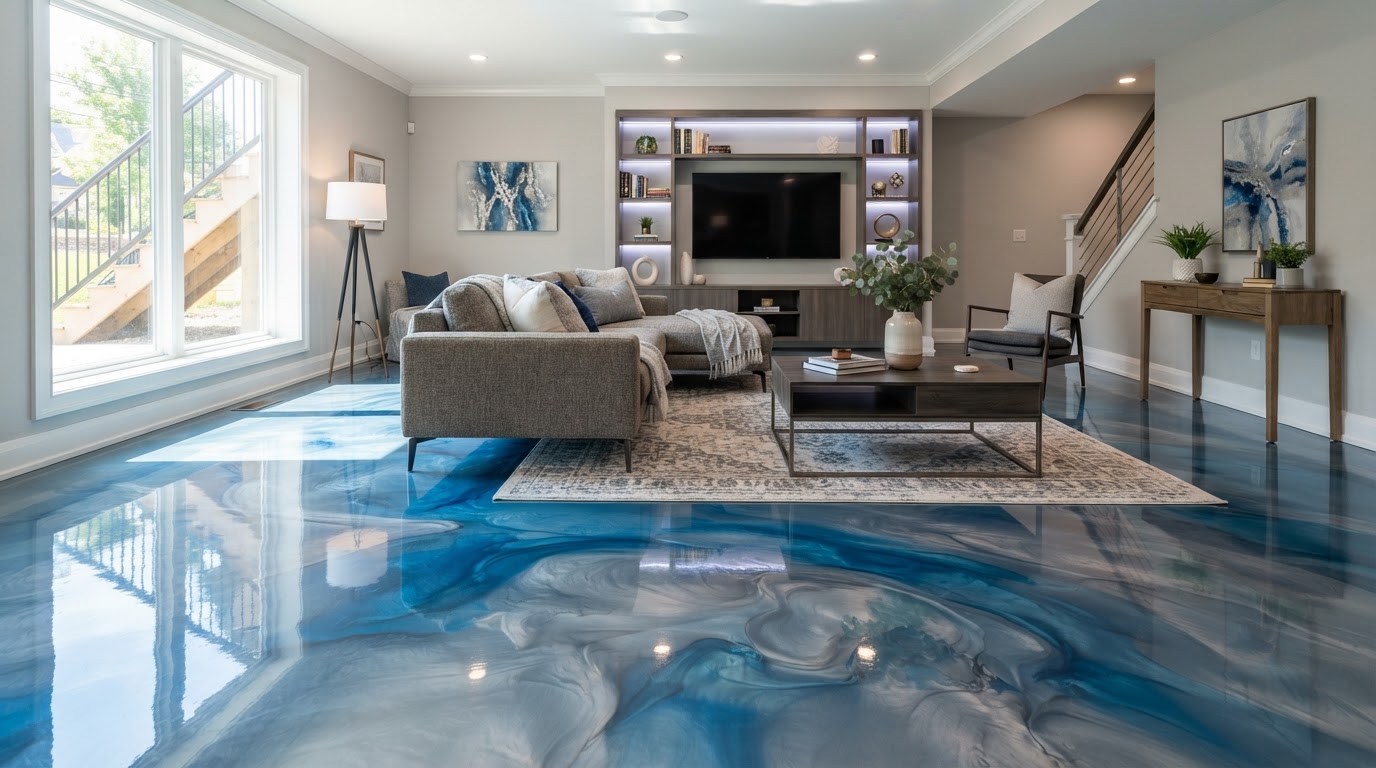metallic epoxy floor in a bright finished basement living area