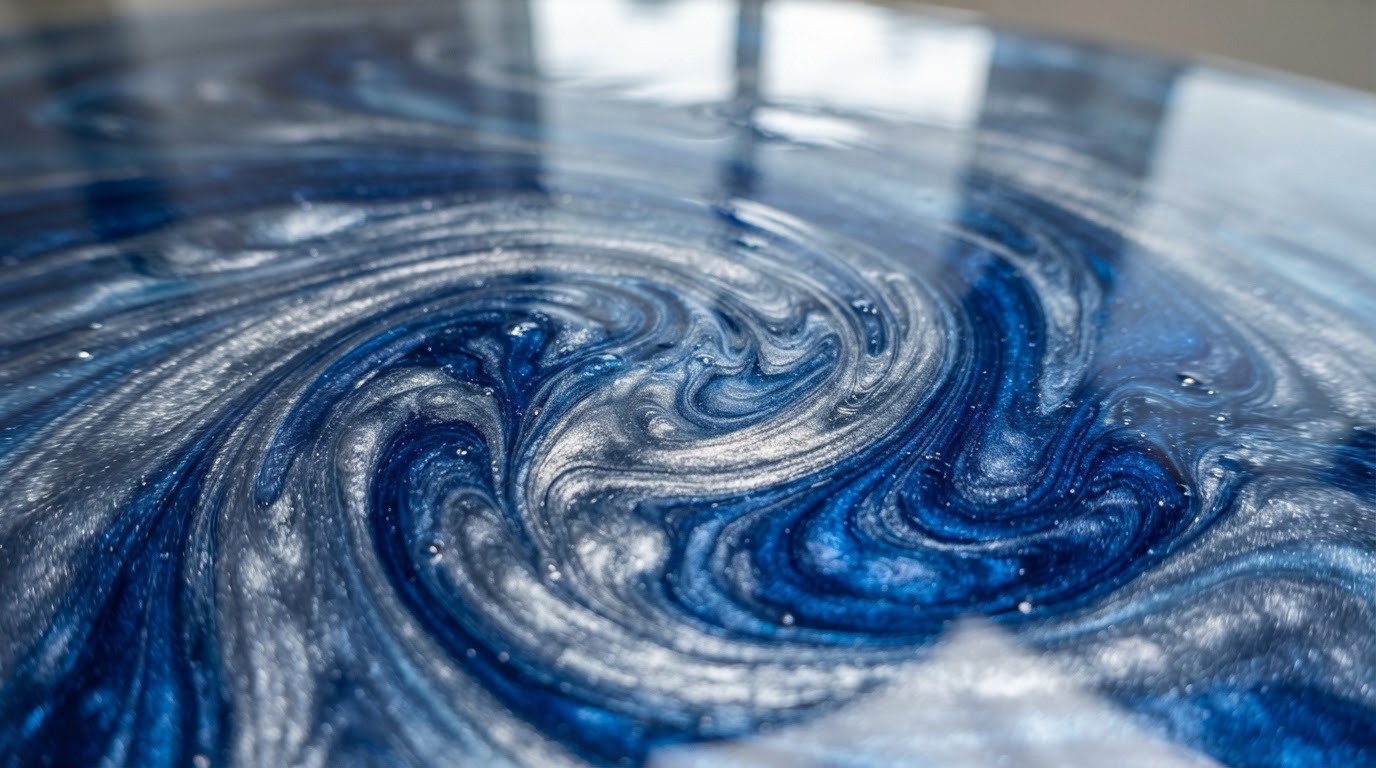 close-up detail of a metallic epoxy swirl finish