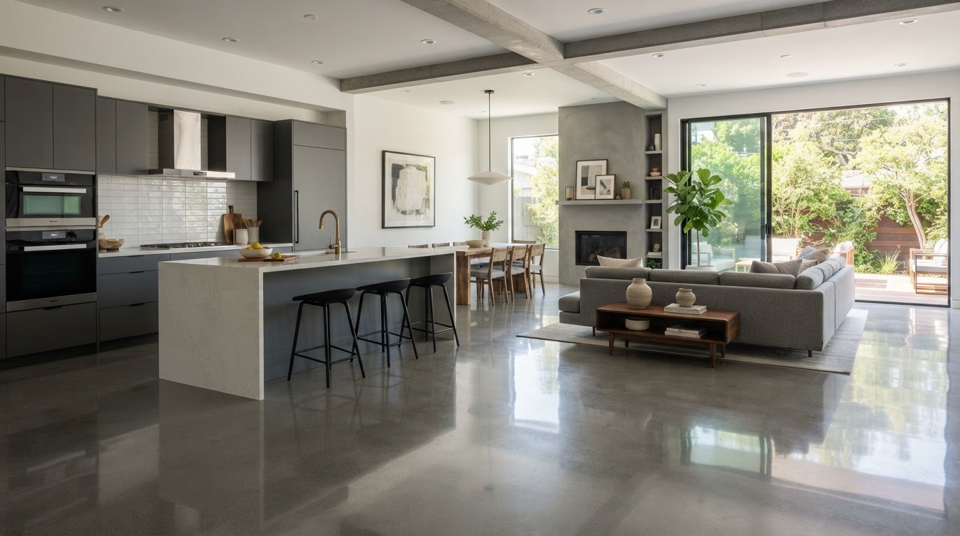 polished concrete floor in a modern home kitchen and living area