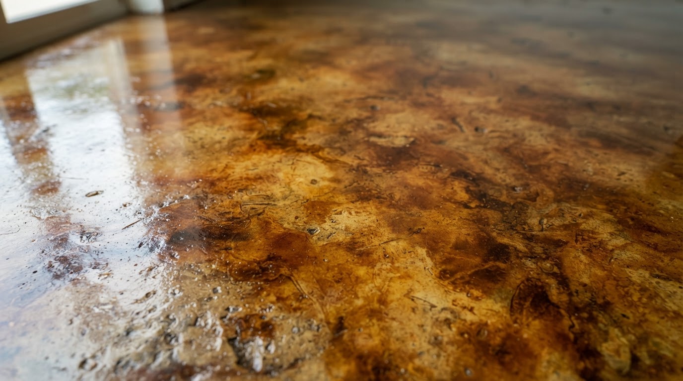 close-up of stained concrete showing color depth and sheen
