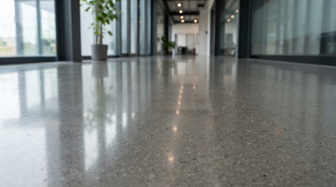 close-up of a polished concrete surface showing its sheen and reflection
