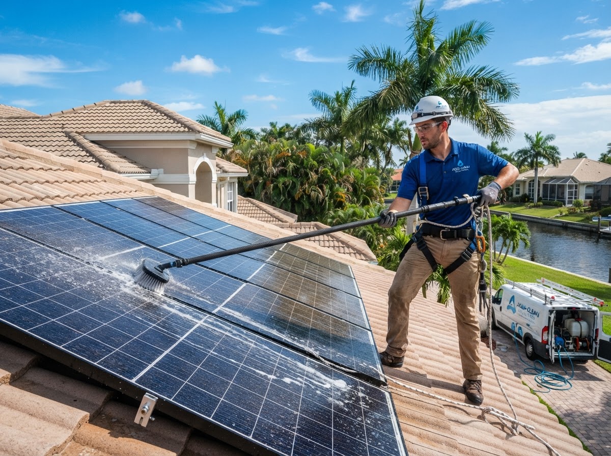 Solar panels being gently cleaned with a water-fed pole on a Southwest Florida home