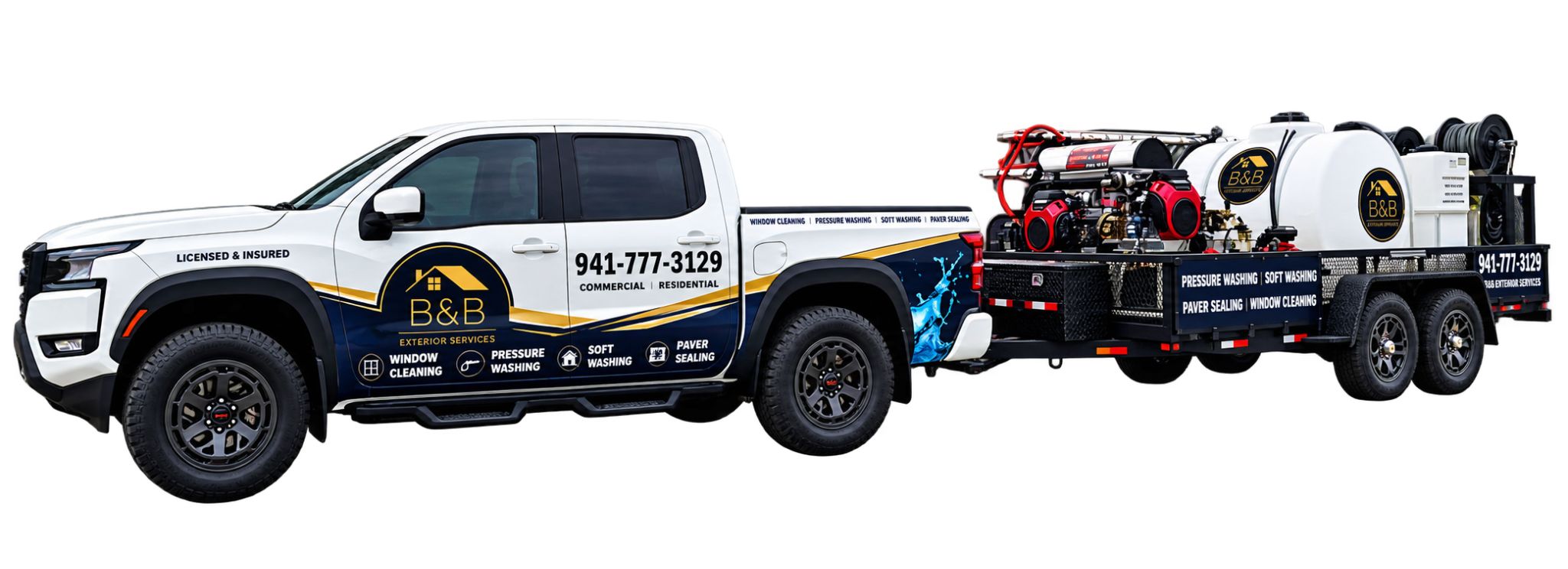 B&B Exterior Services custom branded truck and exterior cleaning trailer rig