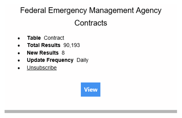 Example email notification showing table, total results, new results, and update frequency