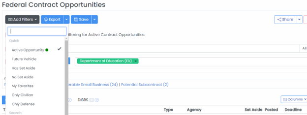 Federal Contract Opportunities search page with Add Filters dropdown