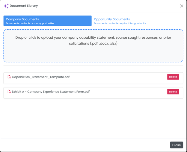 Document Library modal showing Company Documents tab