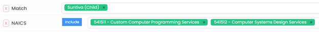 Match filter combined with NAICS code filters in search bar